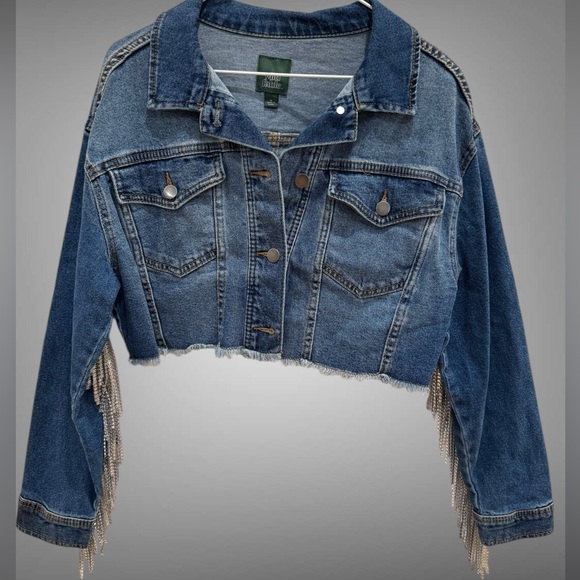 Blue Denim Cropped Jacket with Rhinestone Fringe Size Medium - Picture 4 of 8